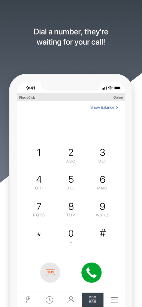 PhoneClub – Best Calling Rates - PhoneClub app dial pad screen with numeric keypad and options for calls and SMS