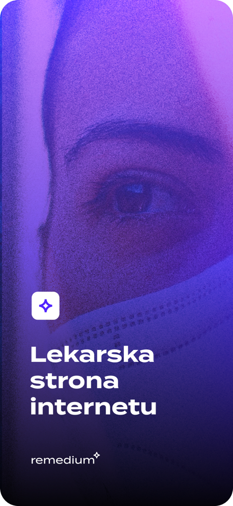 Remedium - Splash screen of the Remedium medical app showing a doctor wearing a mask and Polish text.