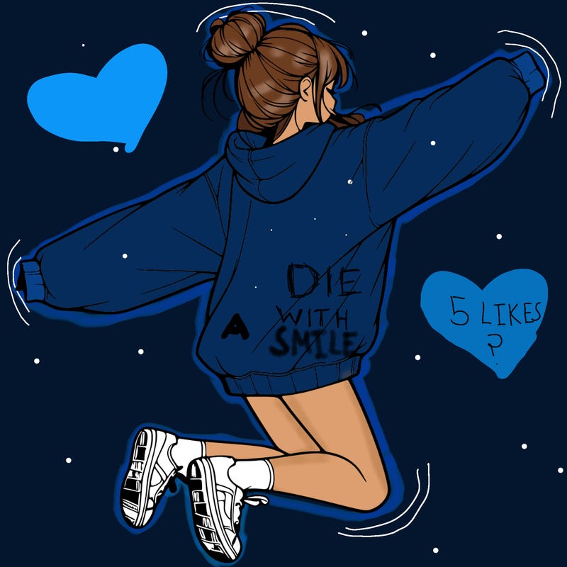 realistic girl jumping with a bun and oversized sweatshirt