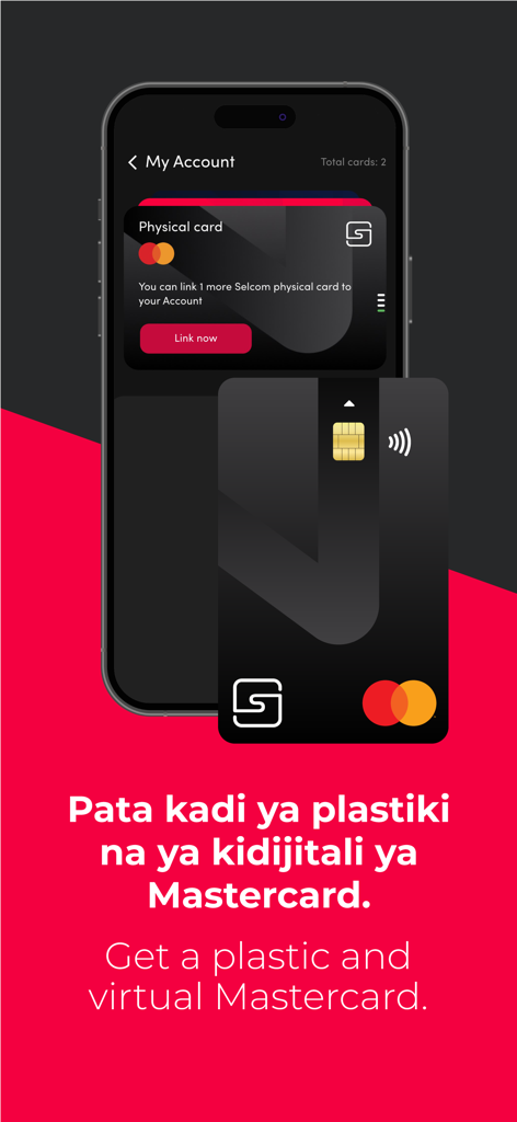 Selcom Pesa - Selcom Pesa app interface showing plastic and virtual Mastercard options
