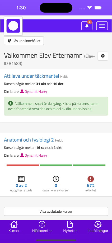 Omniway Learning - The student dashboard in the Omniway Learning app showing course details and academic progress trackers