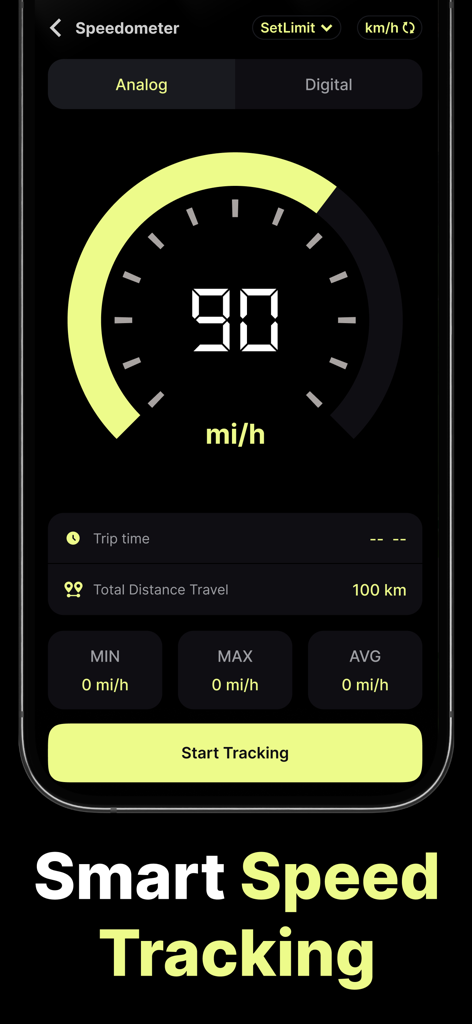 Interface de suivi de vitesse intelligente dotée d'un compteur de vitesse analogique affichant 90 mph avec des statistiques de distance et de temps de trajet