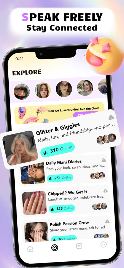Pantalla de exploración de la app Pink que muestra salas de chat de arte de uñas y recuentos de usuarios en línea.