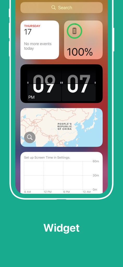 カレンダーとバッテリーステータスウィジェットと共に、レトロな黒いフリップクロックウィジェットを表示するiOSホーム画面。