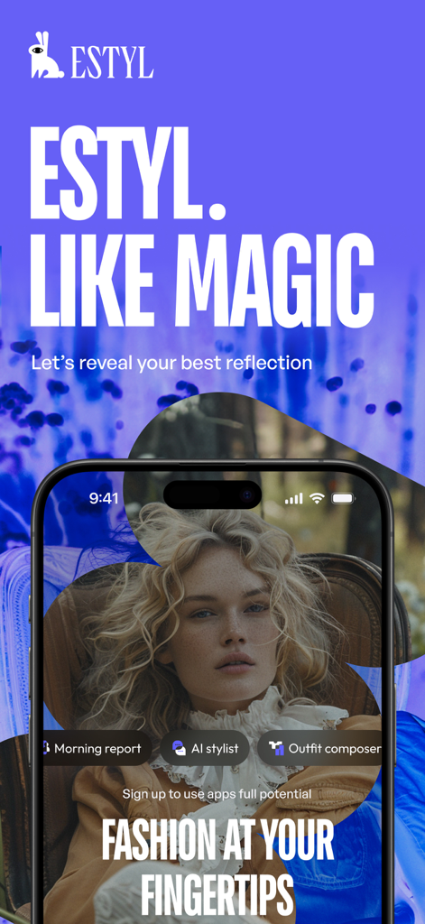 L'écran d'accueil de l'application mobile Estyl présentant les fonctionnalités de styliste IA et de compositeur de tenues avec une interface de découverte de mode.