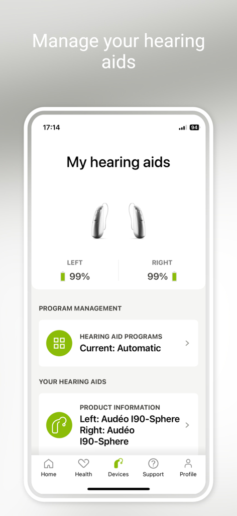 myPhonak - Screenshot dell'app myPhonak che mostra i livelli della batteria degli apparecchi acustici sinistro e destro al 99 percento e le impostazioni di gestione del programma