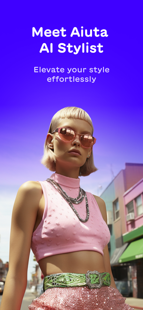 Aiuta – AI Stylist - Una mujer a la moda con un atuendo rosa en la pantalla de introducción de la aplicación Aiuta AI Stylist.