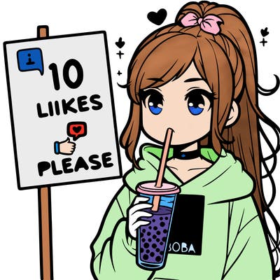 girl with a high ponytail and a hoodie drinking boba staring at a sign saying 10 likes please