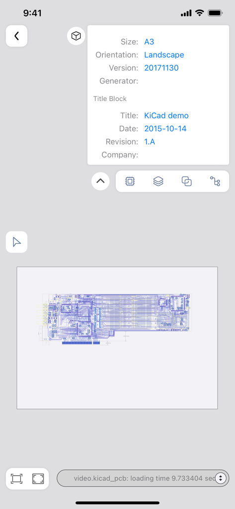 Mobile Ansicht des KiCAD PCB Viewers, die ein Leiterplattenlayout und Designmetadaten zeigt