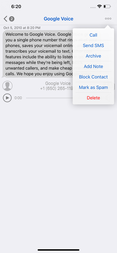 GV Connect app interface showing message details and a popup menu with call, sms, and archive options