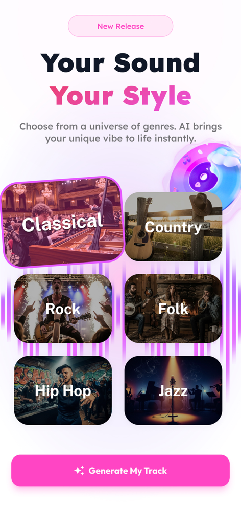 Music Maker AI Songs: InsMelo - Pantalla de la aplicación InsMelo mostrando opciones de géneros musicales para la generación de pistas IA