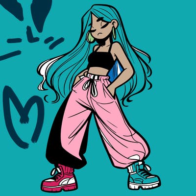 girl in baggy pants crop top and long hair