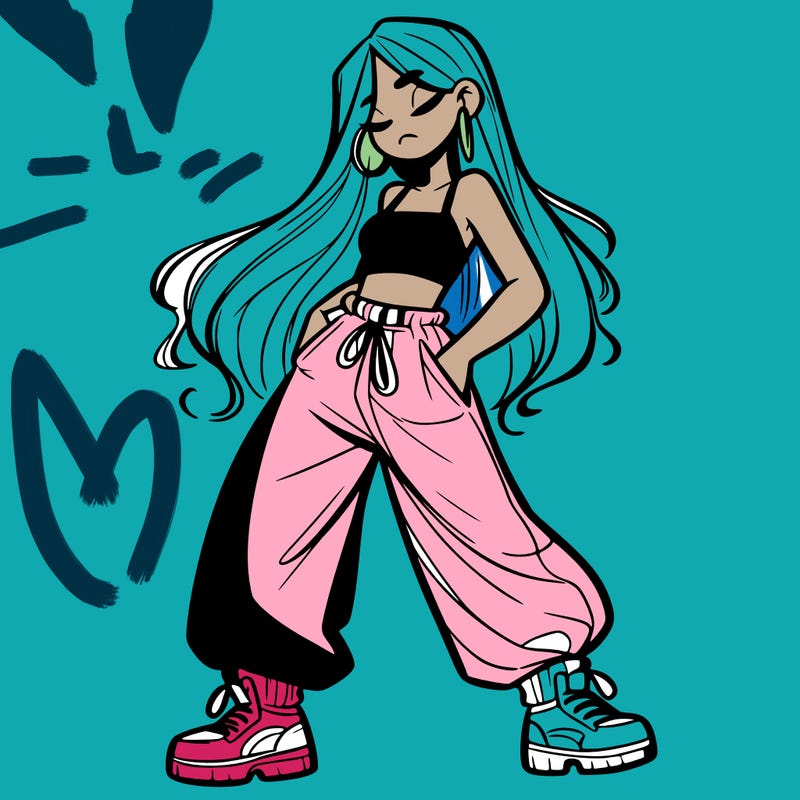 girl in baggy pants crop top and long hair