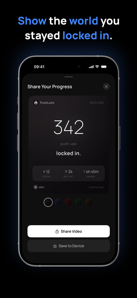 PushLock: Screen Time Control - A screen from the PushLock app showing a summary of pushups completed and screen time earned with options to share results