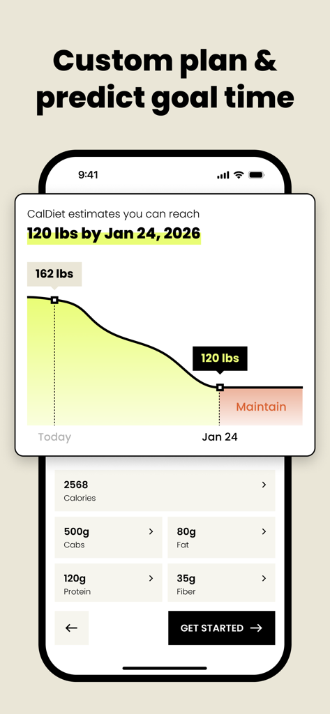 Food Analysis Pal - CalDiet - Weight loss goal prediction chart in the CalDiet app showing a timeline to reach target weight and daily nutritional targets