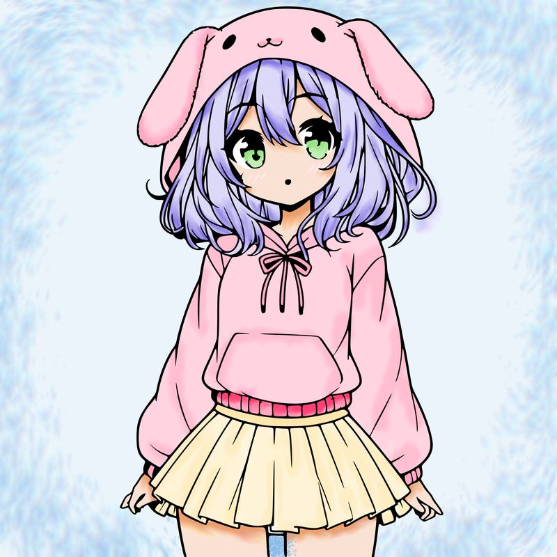 pretty anime girl wearing a fluffy hoodie with bunny ears on the hood and a skirt