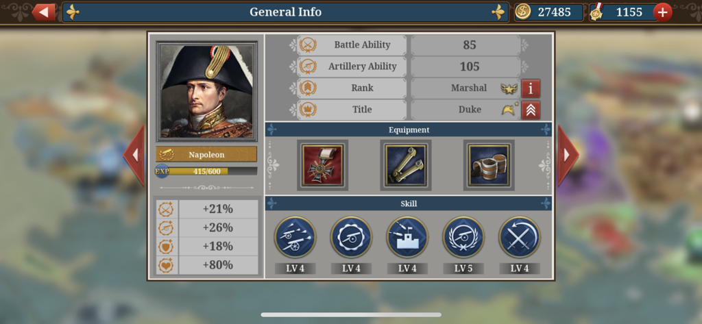 General information screen for Napoleon Bonaparte in European War 6 1804 showing rank and battle abilities