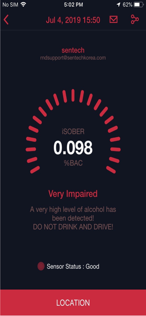 i-SOBER app display showing a high breathalyzer test result of 0.098 percent BAC with a very impaired warning