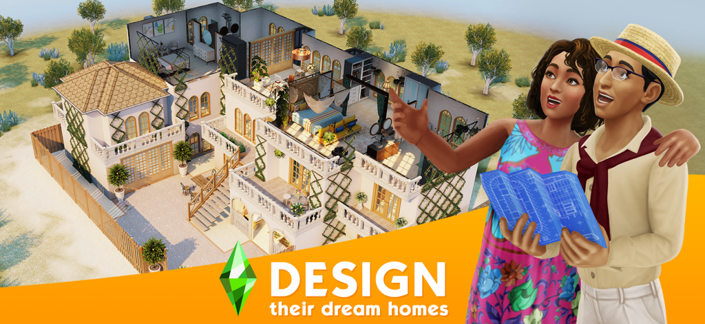 Dos Sims sosteniendo un plano y señalando una lujosa villa de varios pisos que diseñaron