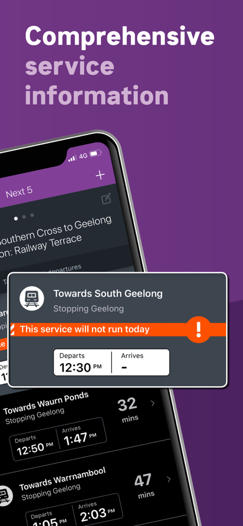 V/Line - VLine mobile app displaying train schedules and a service cancellation alert