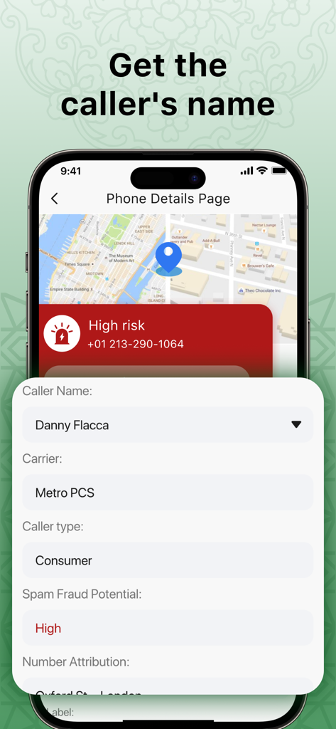 Number Book app interface showing caller identification details and high risk spam alert with a location map