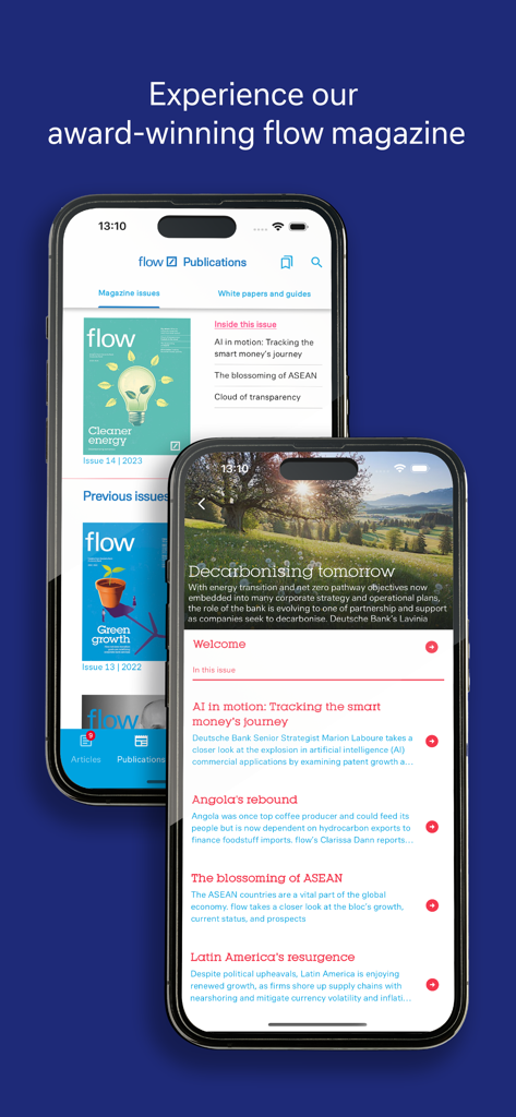 Two smartphones displaying the flow Deutsche Bank app interface with digital magazine issues and financial news articles