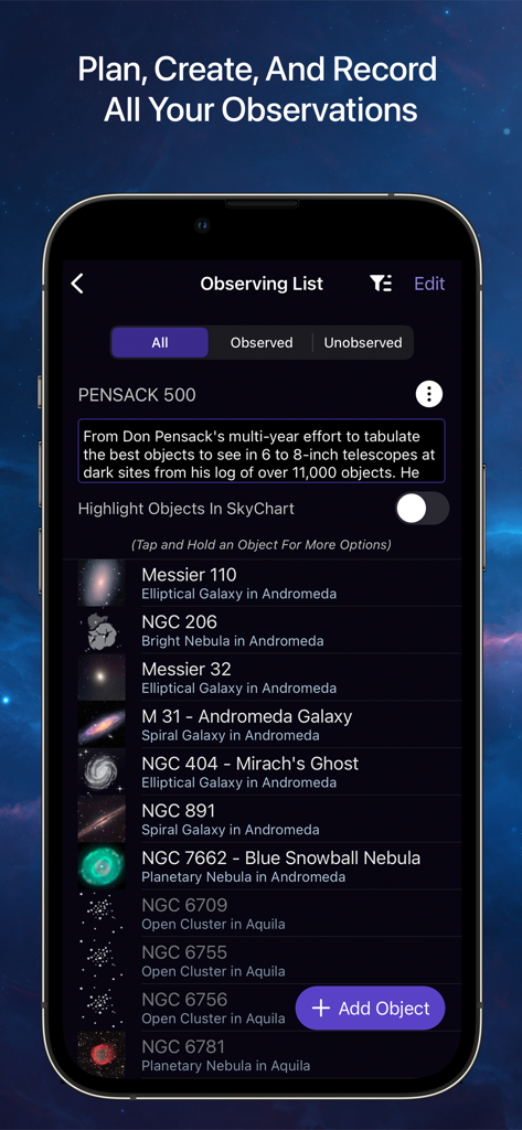 SkySafari 7 Plus - SkySafari 7 Plus mobile app interface showing a detailed astronomical observing list with objects like galaxies and nebulae.