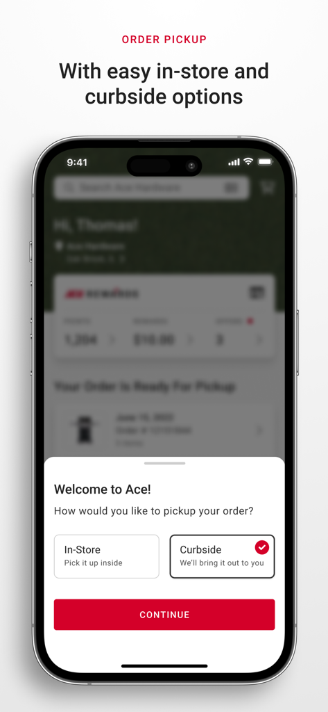 Ace Hardware - Ace Hardware app interface showing options for in-store or curbside order pickup
