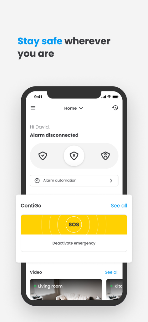 Pantalla de smartphone mostrando el panel de control de la aplicación Movistar Prosegur Alarmas con un botón de emergencia SOS y transmisión de monitorización de vídeo.