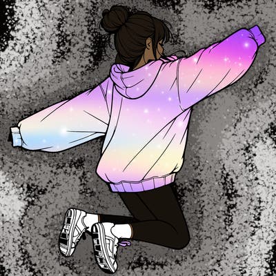 realistic girl jumping with a bun and oversized sweatshirt