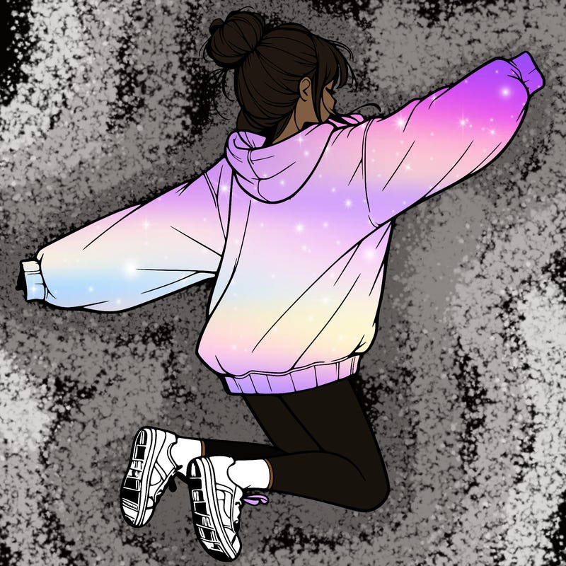 realistic girl jumping with a bun and oversized sweatshirt