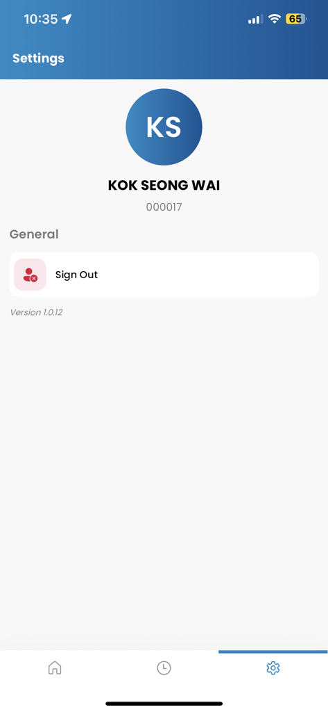 Rymnet HRMS - Settings screen of the Rymnet HRMS mobile application showing user profile details and sign out button.