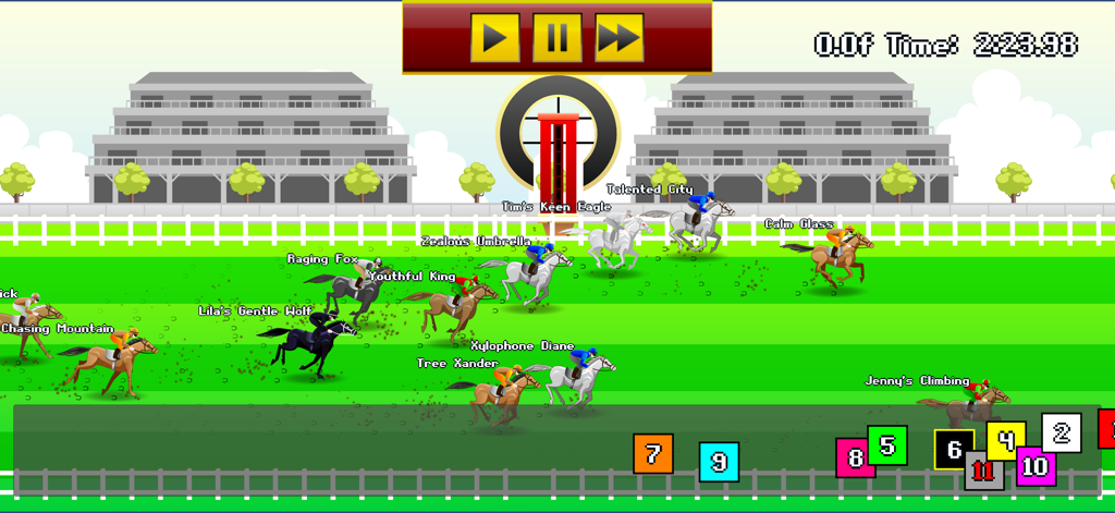 Tap Derby: Horse Racing - Pixel art horse race in progress on a green track in Tap Derby