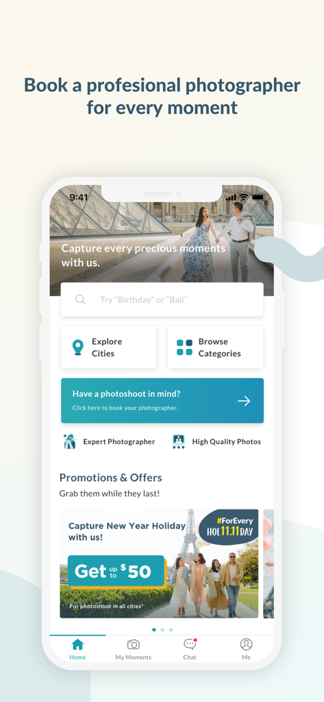 SweetEscape - SweetEscape mobile app home screen showing professional photography booking options