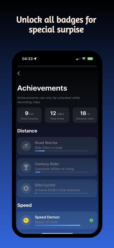Bikee - Pantalla de logros de la aplicación Bikee que muestra insignias y estadísticas de ciclismo desbloqueadas