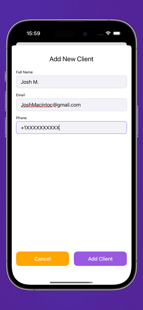 Interface for adding a new client in the PCB Pier Control Board marine rental app