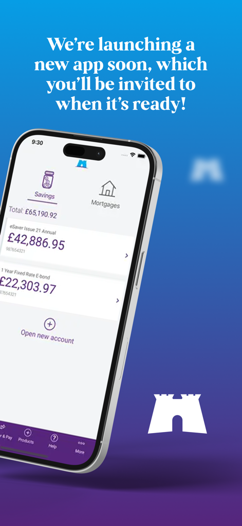 Skipton Building Society - Skipton Building Society mobile app showing savings account balances and an announcement about a new app version.