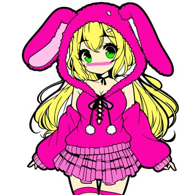 pretty anime girl wearing a fluffy hoodie with bunny ears on the hood and a skirt