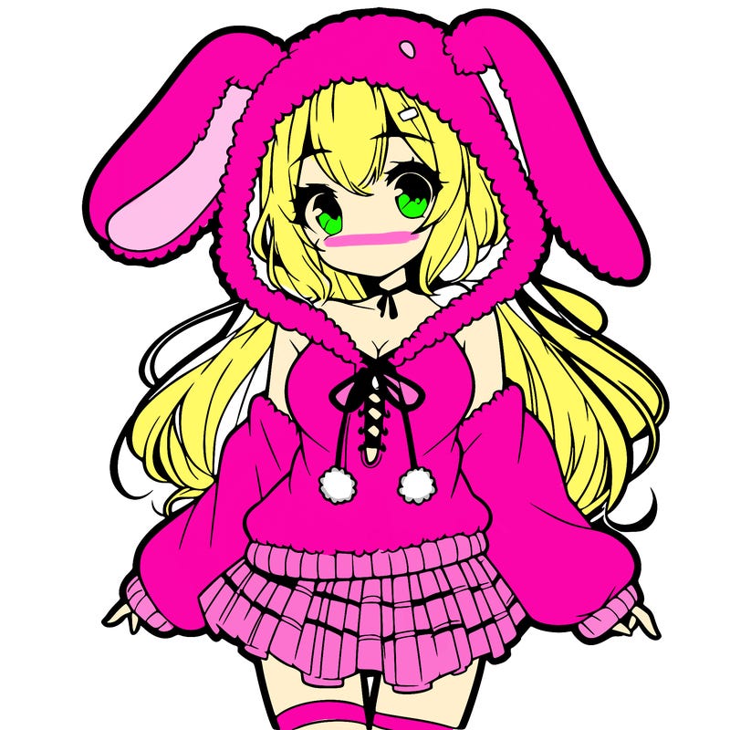 pretty anime girl wearing a fluffy hoodie with bunny ears on the hood and a skirt