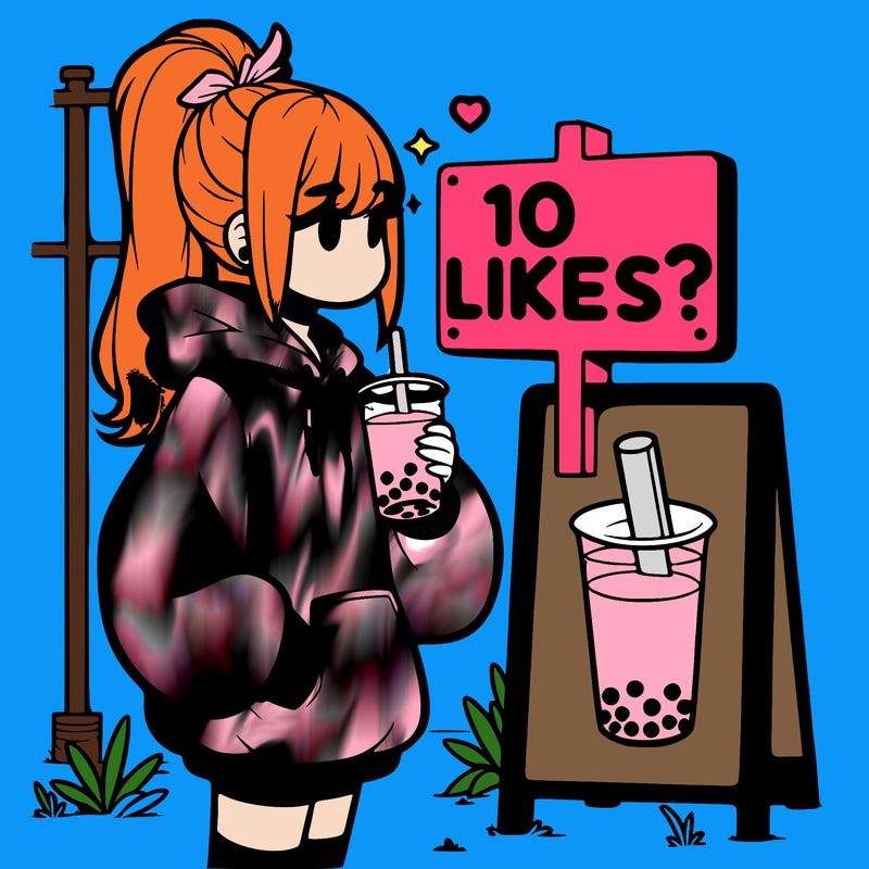 girl with oversized hoodie drinking boba and she has a high ponytail with a sign that says 10likes?