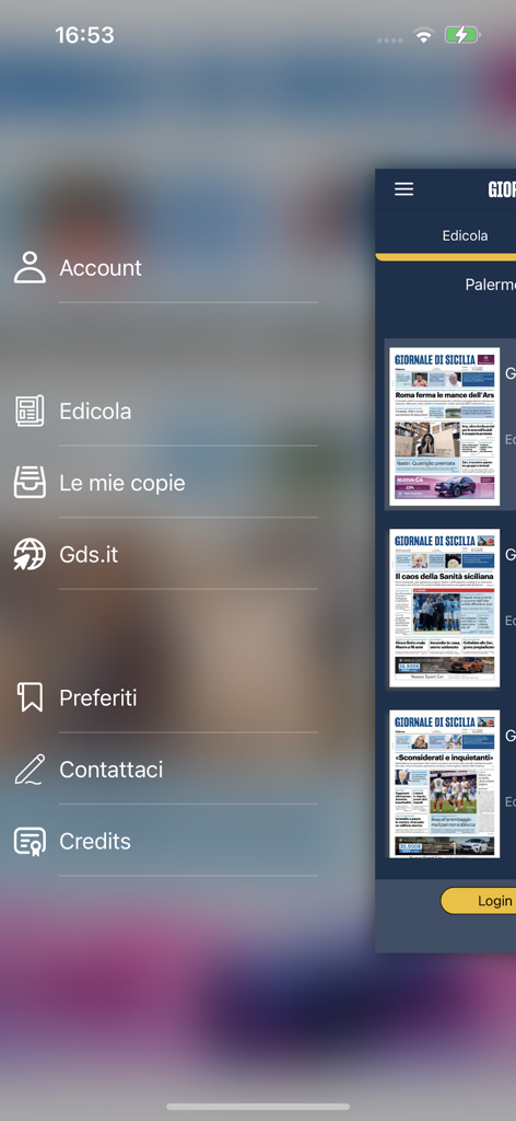 Menú de navegación lateral y vista previa del quiosco digital de la aplicación móvil Il Giornale di Sicilia
