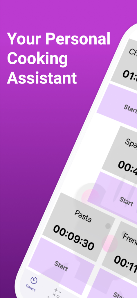 Sous Chef Pro: Timers & Tools - Sous Chef Proモバイルアプリのインターフェースに複数の調理タイマーが表示されています