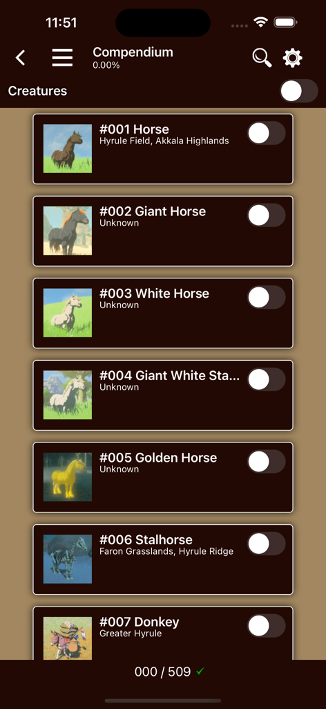 Tears Companion - A creature compendium checklist in the Tears Companion app for Zelda Tears of the Kingdom.