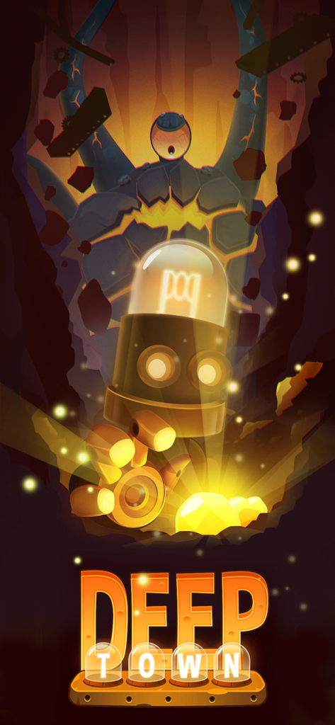 Deep Town: Mining Idle Games - A small mining robot discovers glowing gold deep underground beneath the Deep Town logo while a giant rock monster looms in the background