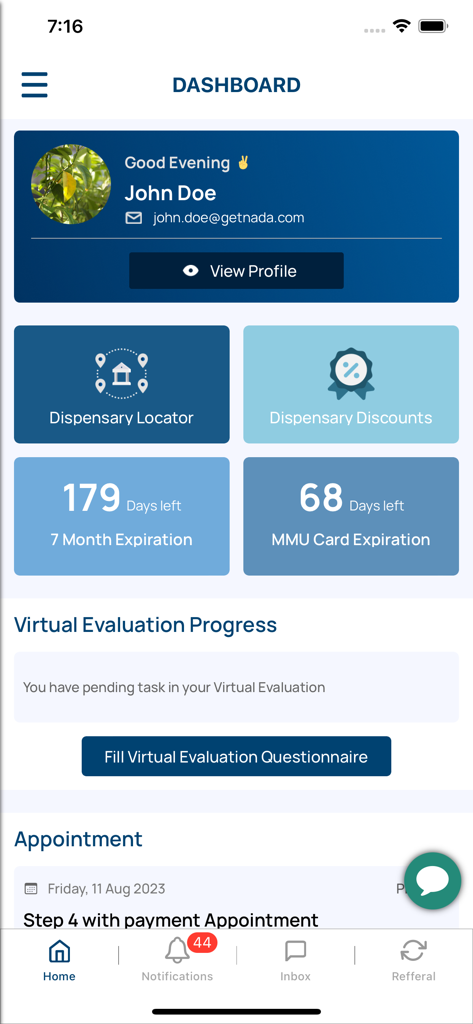The Doc App - A medical app dashboard showing patient profile details dispensary locator and medical card expiration status.