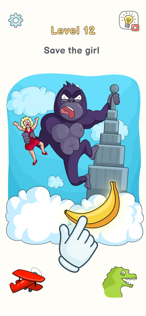 DOP 3: Displace One Part - Captura de tela da jogabilidade de DOP 3 Nível 12 Salve a garota com um gorila roxo gigante e um quebra-cabeça de banana.