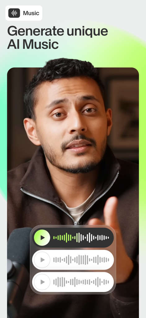 Ein Videocreator benutzt die VEED Shorts App, um einzigartige KI-Musik für Social-Media-Inhalte zu generieren.