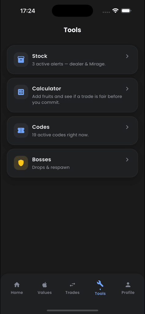 Blox Fruits: Values & Trades - Das Menü-Bildschirm der App Blox Fruits Values and Trades mit Optionen für Lagerbestandsalarme, einen Trade-Rechner, aktive Codes und Boss-Drop-Informationen.