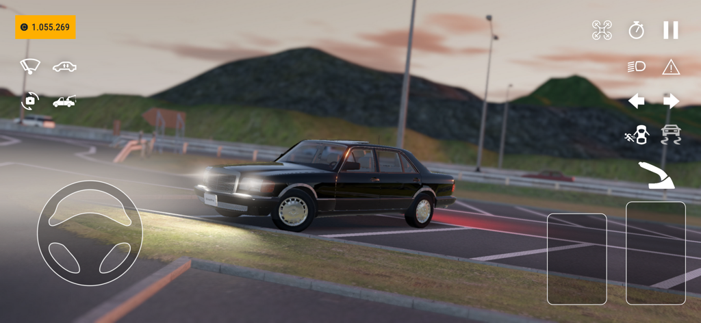 A black sedan parked in a realistic open world environment with on screen driving controls in StreetPro Racing