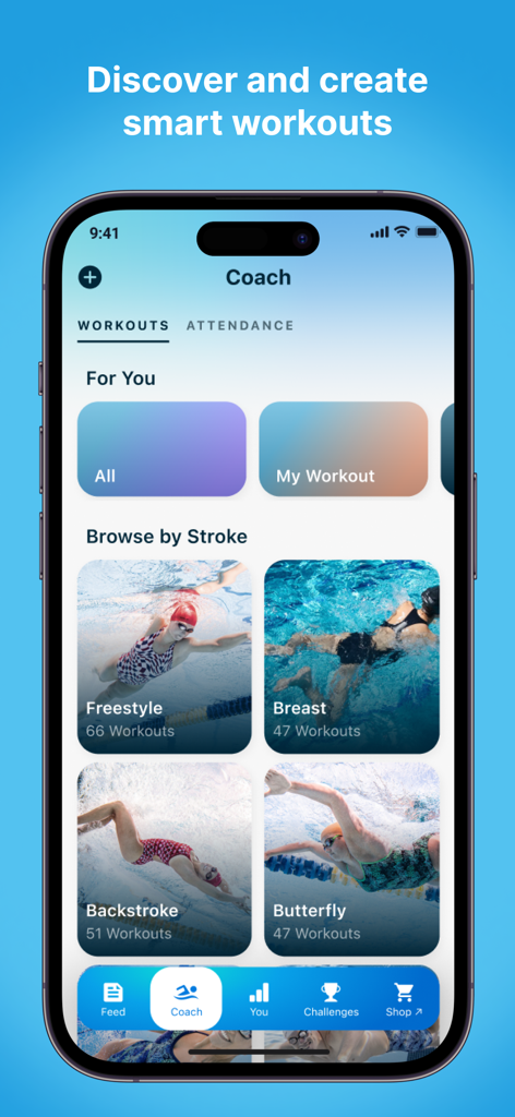 Swim.com app interface showing smart workout options categorized by swimming stroke types